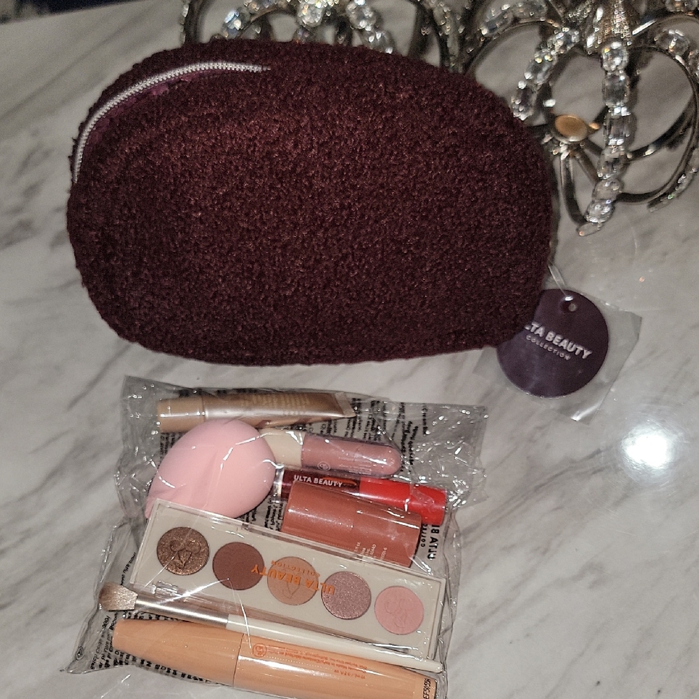 Plush Ulta Deep Burgundy Makeup Bag with Cosmetic Set